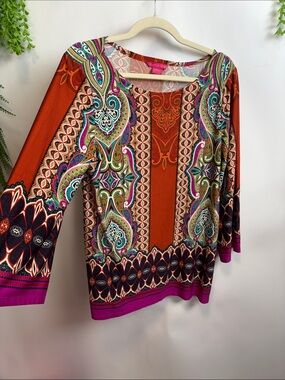Sunny Leigh Paisley Print Scoop Neck Long Sleeve Top - Orange & Pink